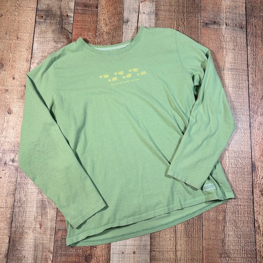 Life is Good Lime Green Cotton Long Sleeve Not All Who Wander Are Lost Tee L